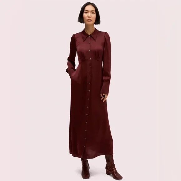 KATE SPADE COLLECTION Satin Midi Shirtdress in Candied Fig - NJMUA864 - Sz 0 - Picture 1 of 12
